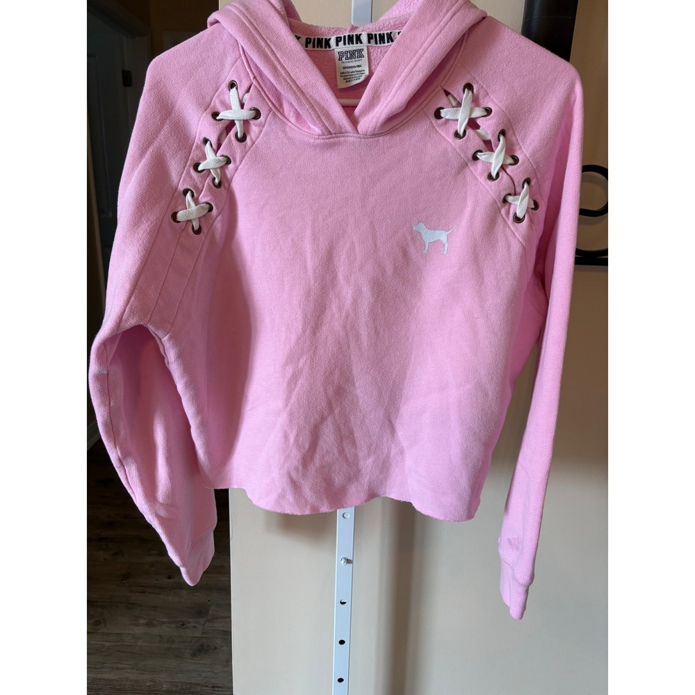 Pink Victorias Secret PINK Lace Up Shoulder Cropped Hoodie Sweatshirt Small